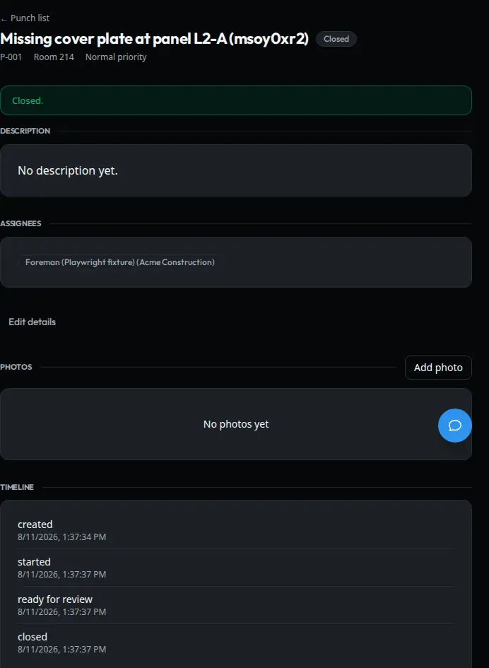 Punch list with items, assignees and status